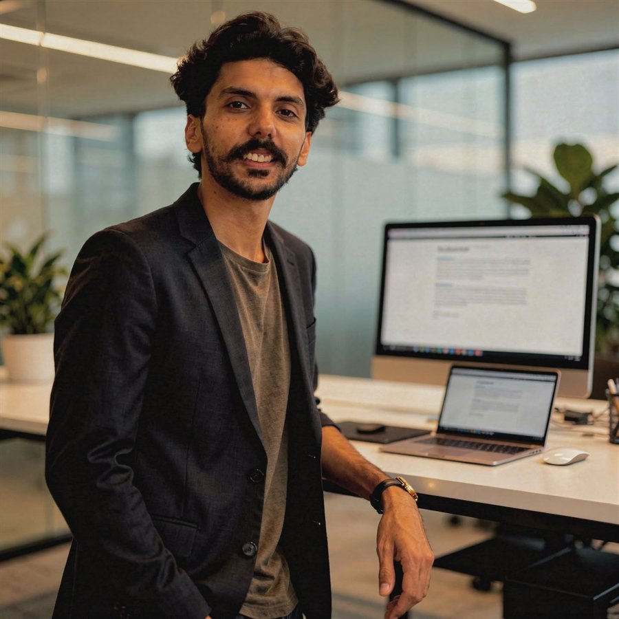 Kazi Shah Meer at a workstation in a professional office